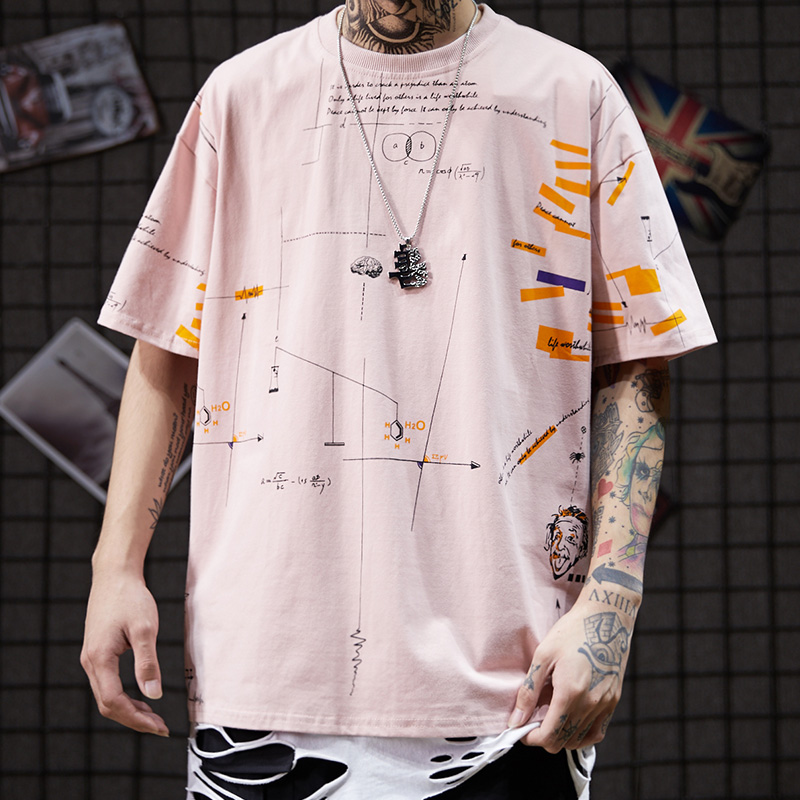2019夏季新款短袖t恤男个性几何印花纯棉衣服潮牌说唱嘻哈半截袖
