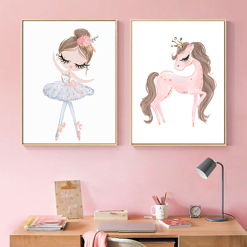 儿童房装饰画卧室床头卡通女孩房间挂画孩子粉红色少女公主房壁画