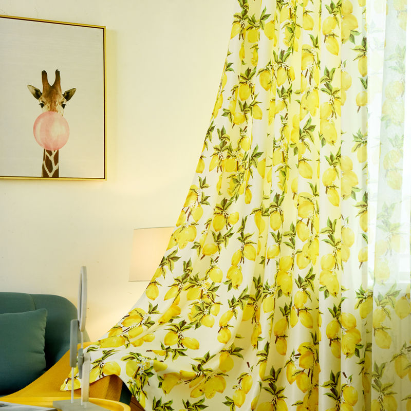 北欧网红ins柠檬水果窗帘小清新黄色植物半遮光隔热卧室书房窗帘