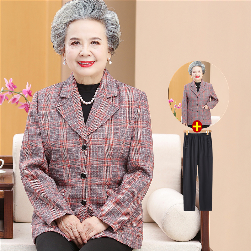 奶奶秋装外套小西装印花秋季上衣妈妈款80岁老太太的衣服时尚洋气