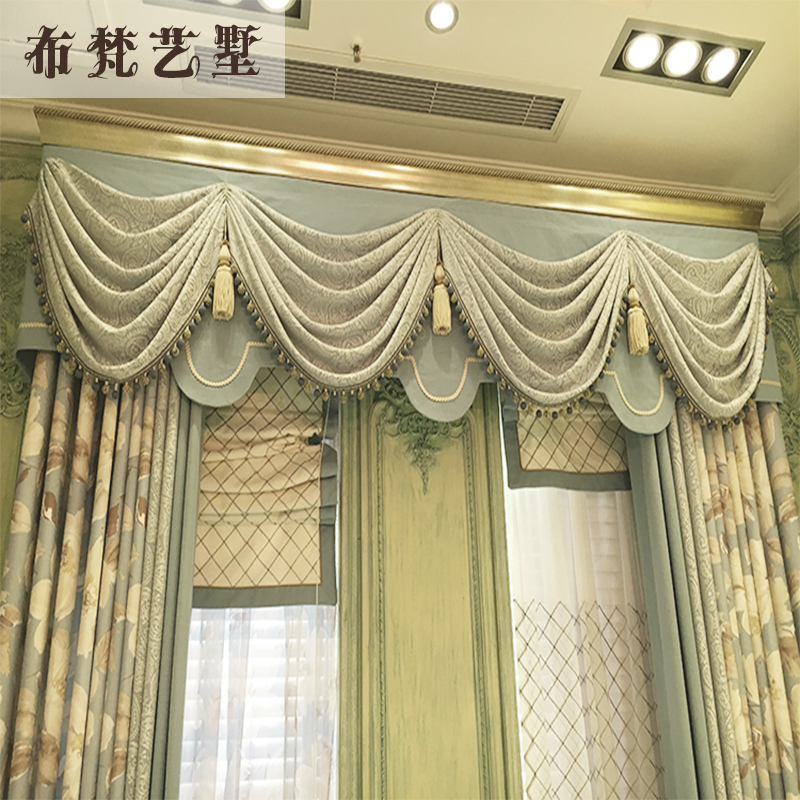 现代简约美式地中海风格蓝纯色花布拼接窗帘棉麻加厚客厅飘窗包邮