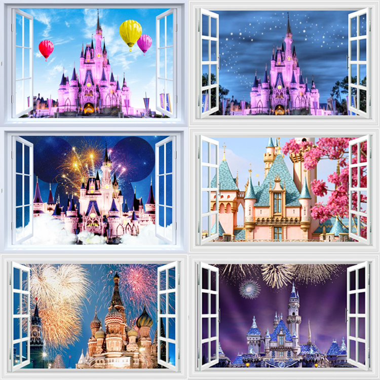 窗户迪士尼城堡魔法梦幻风景墙贴家居儿童爆款包邮防水装饰画贴纸
