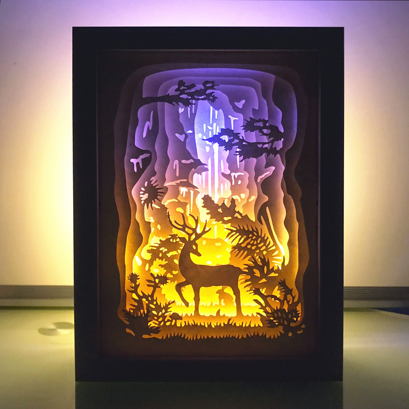 光影纸雕灯DIY秘境森林鹿立体纸刻剪影灯箱 装饰台灯创意手工材料
