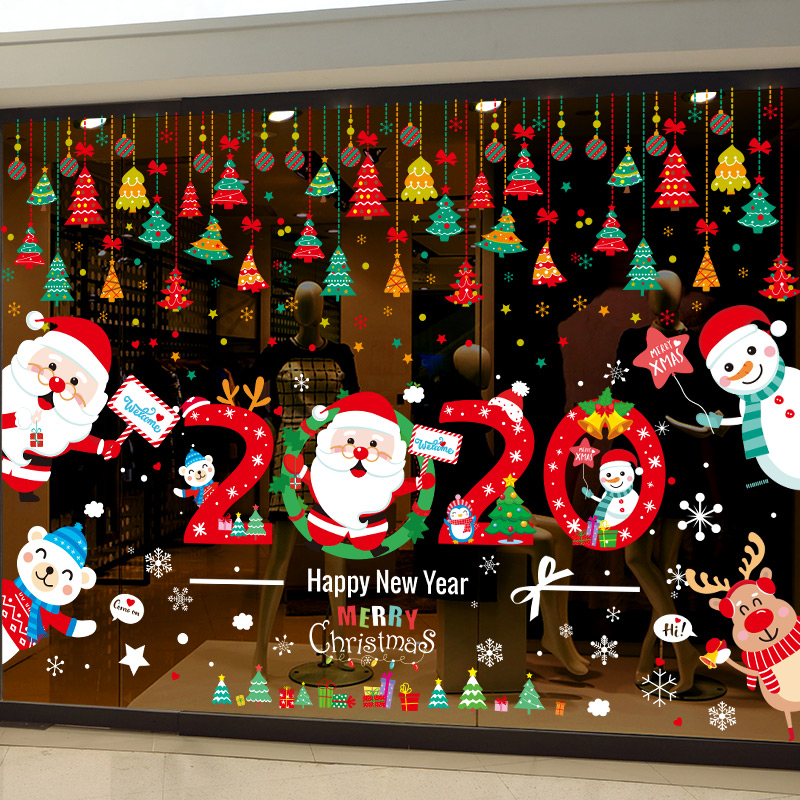 圣诞节装饰品店面店铺场景布置橱窗玻璃门贴纸圣诞树老人花环挂件