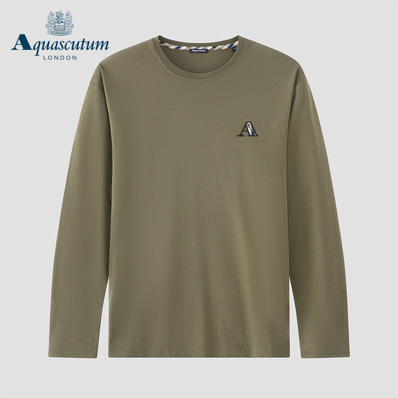 Aquascutum/雅格狮丹2022新品男士纯棉圆领刺绣长袖T恤Q45D1EM021