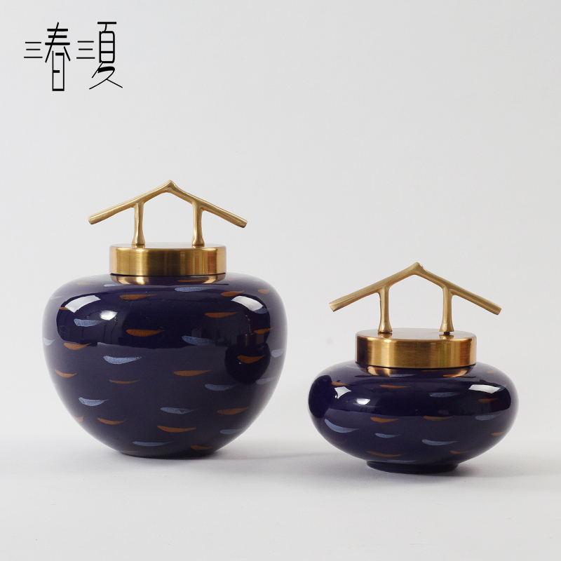 新中式简约深蓝色陶瓷储物罐摆件酒店样板房客厅玄关展厅软装饰品