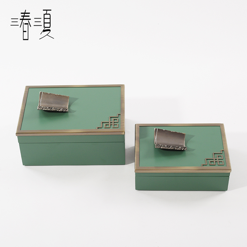 新中式创意古风绿色木质收纳首饰盒书房样板房间摆件家具软装饰品