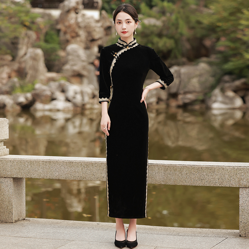 黑色老上海长旗袍2022年秋季新款复古风气质高端长袖斜襟日常可穿