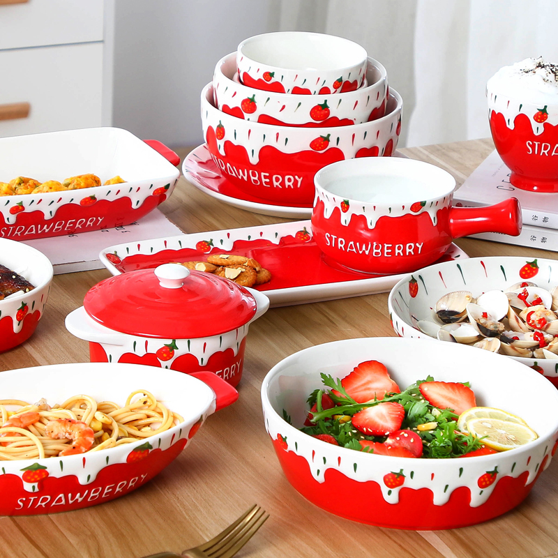 创意红色草莓水果沙拉碗可爱蛋糕甜品米饭碗面碗家用陶瓷餐具套装