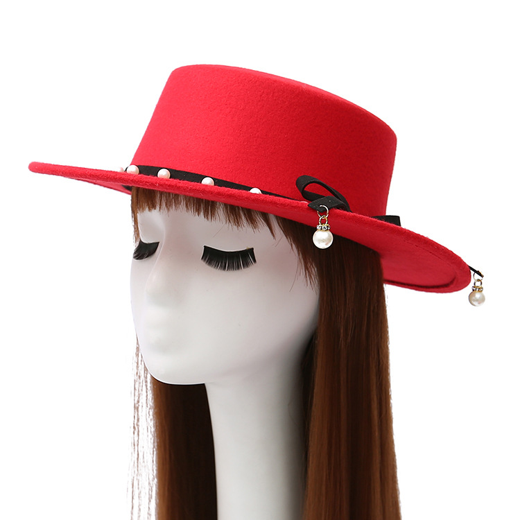 新款冬季女士平顶酒红色礼帽个性仿羊毛呢毡帽子驼色藏蓝色盆帽潮