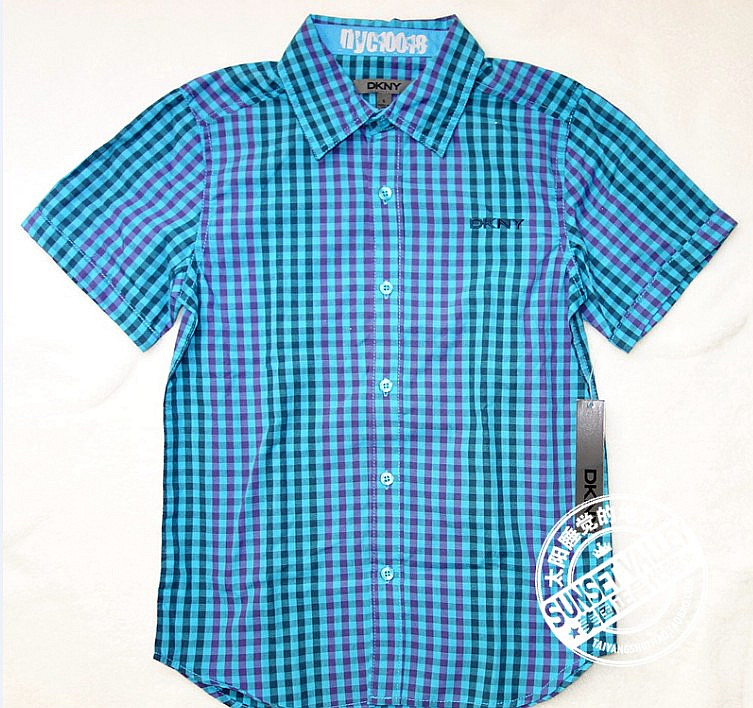 现货清仓DKNY唐可娜儿 童装男孩短袖格子衬衫美国采购 7~8岁