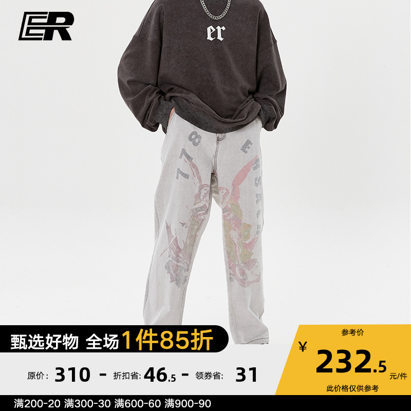 ER778系列天使印花牛仔裤男美式高街复古宽松直筒潮牌运动长裤秋