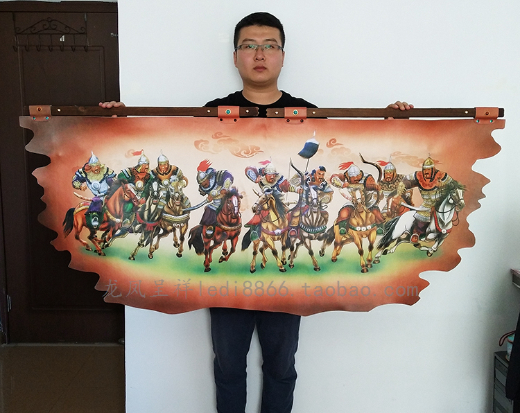蒙古皮画横版1.6米双木杆内蒙古特色手工艺挂画装饰画蒙古骑士画