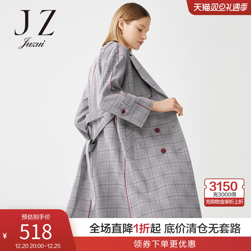 JUZUI/玖姿官方奥莱店春季新款时尚格纹英伦风长款时尚女风衣