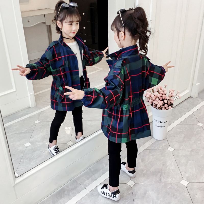 女童格子外套2019秋装新款韩版童装洋气中长款儿童风衣春秋季上衣