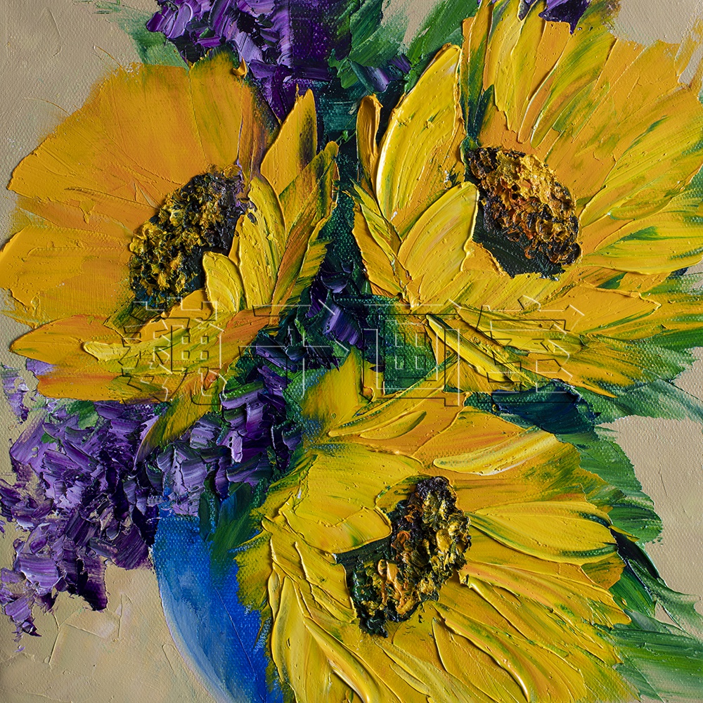 巍子画室手绘刮刀成品油画欧美轻奢单e幅厚重静物花卉小幅向日葵.