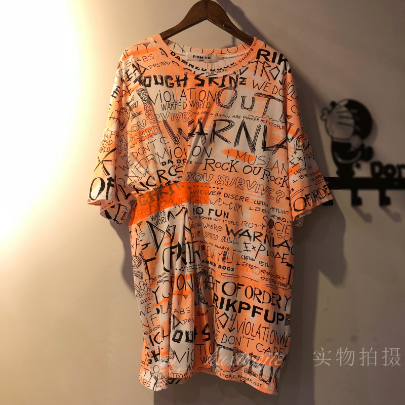 FISH—YU2021夏新款字母涂鸦个性粘胶短袖T恤女韩版宽松印花上衣