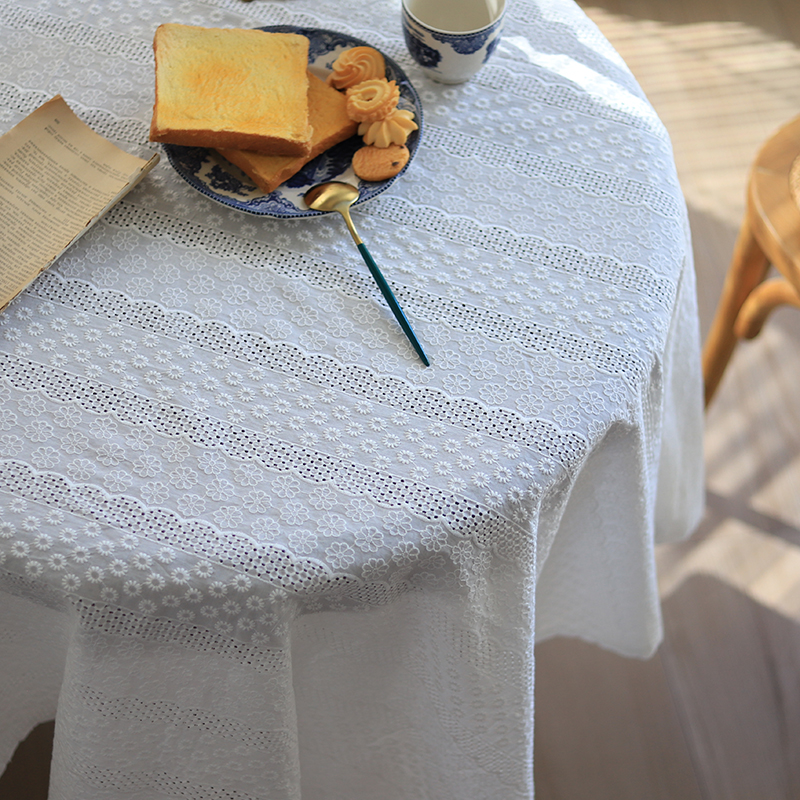 LILY美式绣花桌布简约镂空白色茶几布餐桌垫盖巾植物田园花卉轻柔