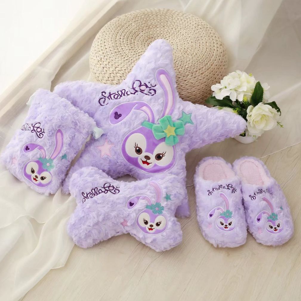 紫色优雅兔子五角星抱枕靠垫 紫色兔连体坐垫毛绒卡通靠枕座垫