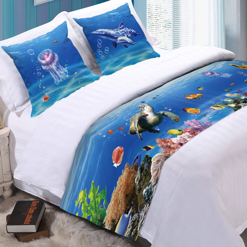 儿童卡通动漫3D海洋海底世界桌旗桌布盖布酒店民宿卧室床盖床尾条