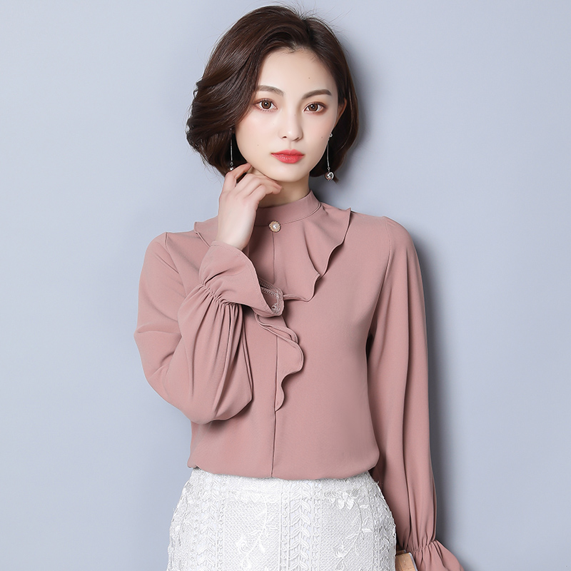 实拍职业衬衫女长袖韩版2018秋季新款女装修身纯色立领打底衫1805