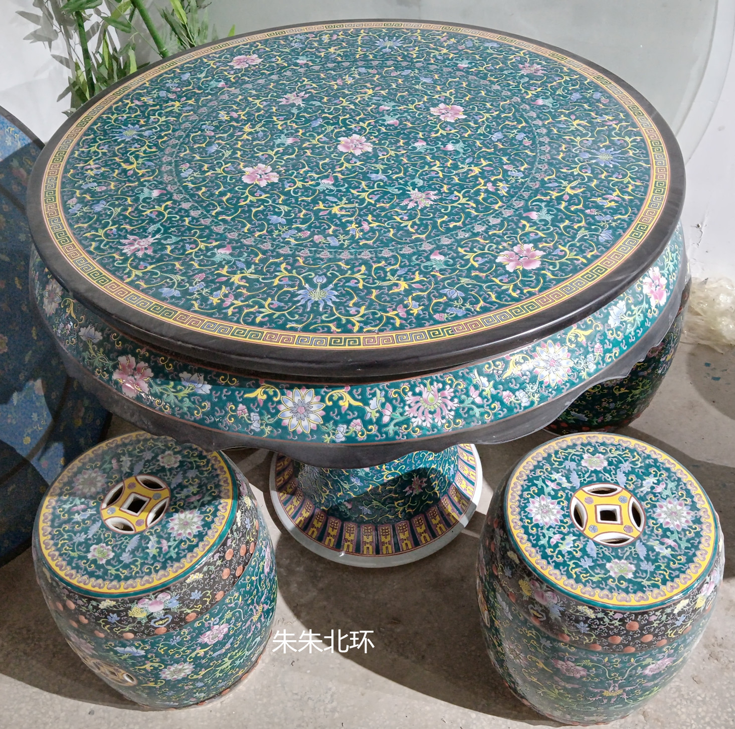 景德镇陶瓷器桌凳子套装中式古典手绘粉彩瓷桌高档花卉纹圆桌椅90