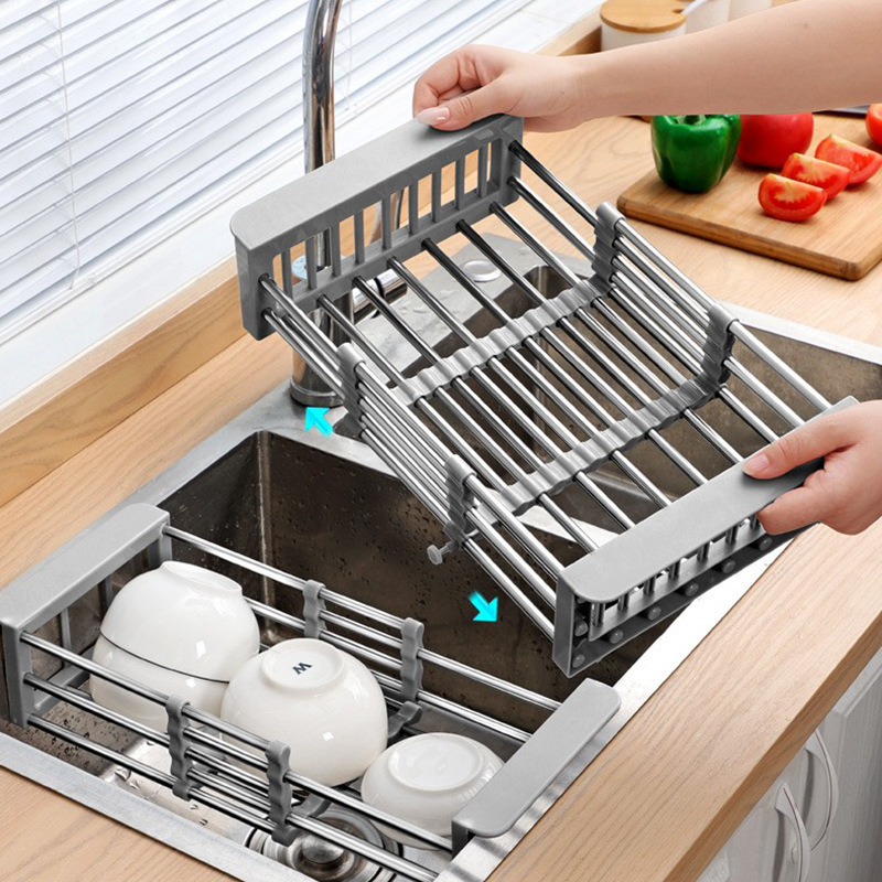 不锈钢厨房水槽沥水架可伸缩置物架碗碟筷子收纳架子蔬水果滤水篮