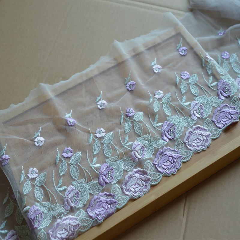 21厘米宽紫色花刺绣蕾丝边床品围巾裙边娃衣窗帘围巾布艺内衣