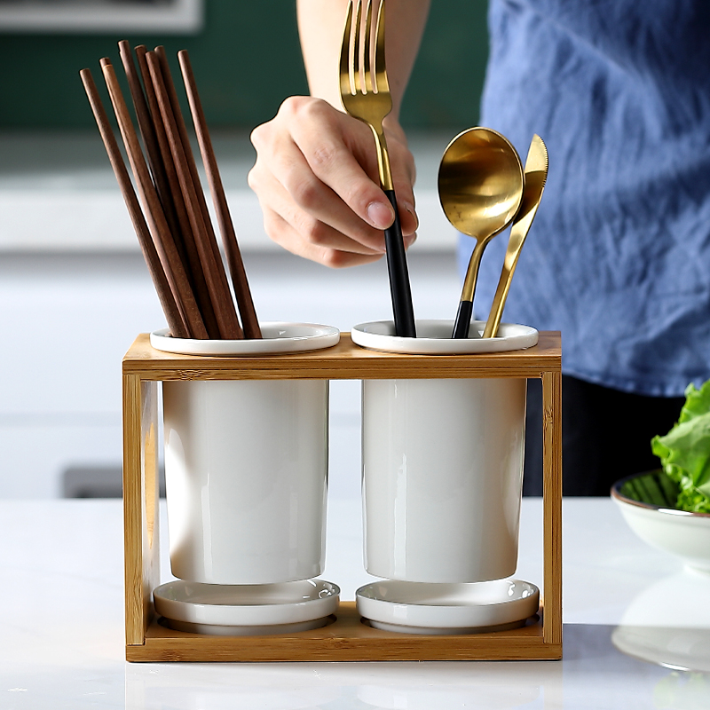 陶瓷筷子筒筷笼平放沥水防霉筷子篓筷盒厨房餐具收纳盒家用汤勺架