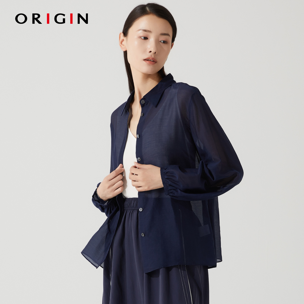 ORIGIN/安瑞井2022春季新款纯色百搭衬衣女棉柔轻薄小灯笼袖衬衫