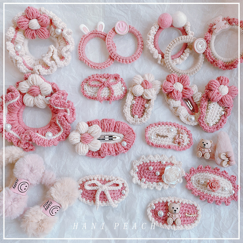 粉红色手工针织毛线珍珠花朵女童小熊兔子花朵发夹发圈发饰品成品