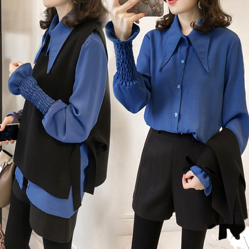 2019秋装新款韩版气质喇叭袖衬衫上衣女长袖宽松马甲衬衣两件套装