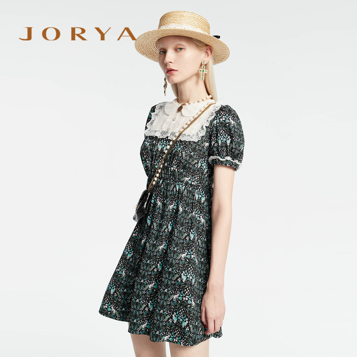 JORYA商场同款2021夏新款减龄娃娃领蕾丝印花连衣裙N12B3103