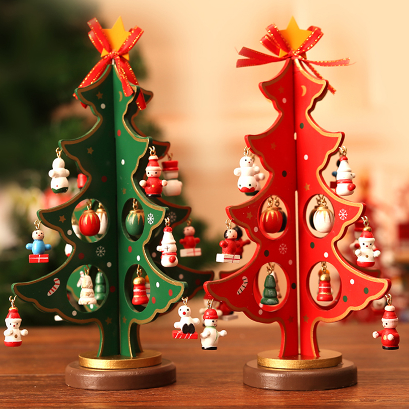 圣诞节装饰品立体圣诞树木质红色小树儿童礼物桌面摆件场景布置