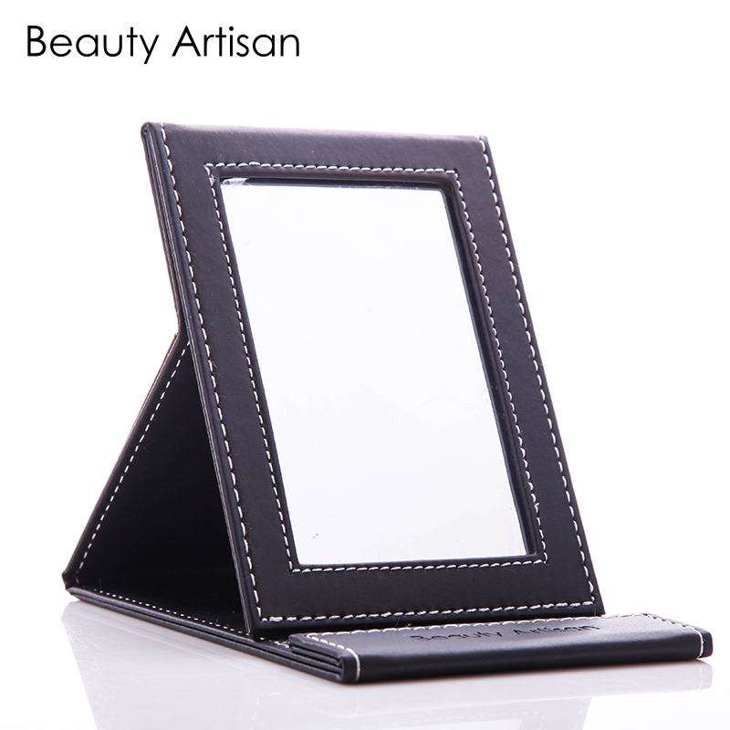 美丽工匠 折叠化妆镜便携镜子台式黑色pu皮革梳妆镜随身镜子包邮