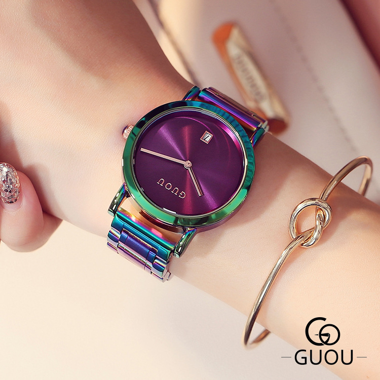 香港古欧GUOU正品牌潮流行韩版奢华炫彩色钢带手表包邮学生日礼物
