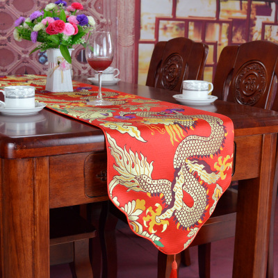 中式古典风龙桌旗 仿云锦绸缎床旗床尾巾 红木茶几桌布黄色蓝色