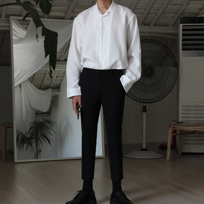 白色高级感西装衬衫男夏季设计感小众ins潮流冰丝古巴领坠感衬衣