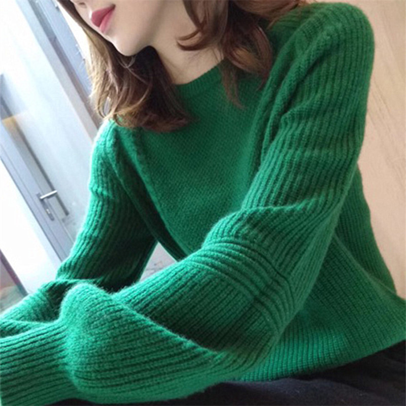 绿色毛衣女灯笼袖毛衣宽松冬季短款夯货套头低领针织衫秋冬新品