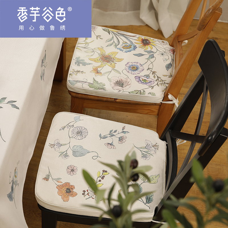 蔷薇印花棉麻布艺田园坐垫家用绑带防滑椅子垫美式原创透气椅垫子