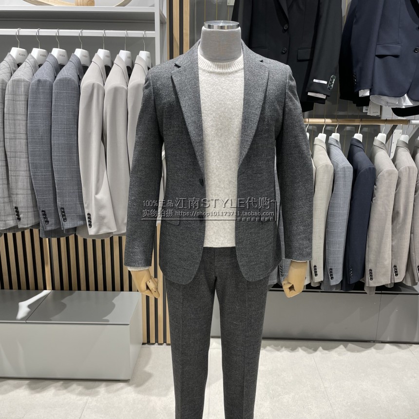 21年冬季ZIOZIA韩国代购韩版修身深灰两件套纯色休闲西服套装男