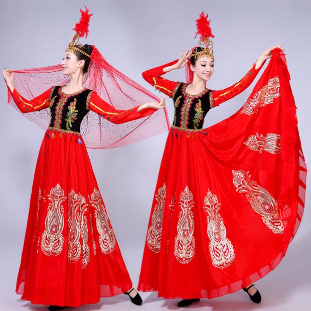 新疆舞蹈演出服服装女成人新款大摆裙长裙套装高档维吾尔族舞蹈服