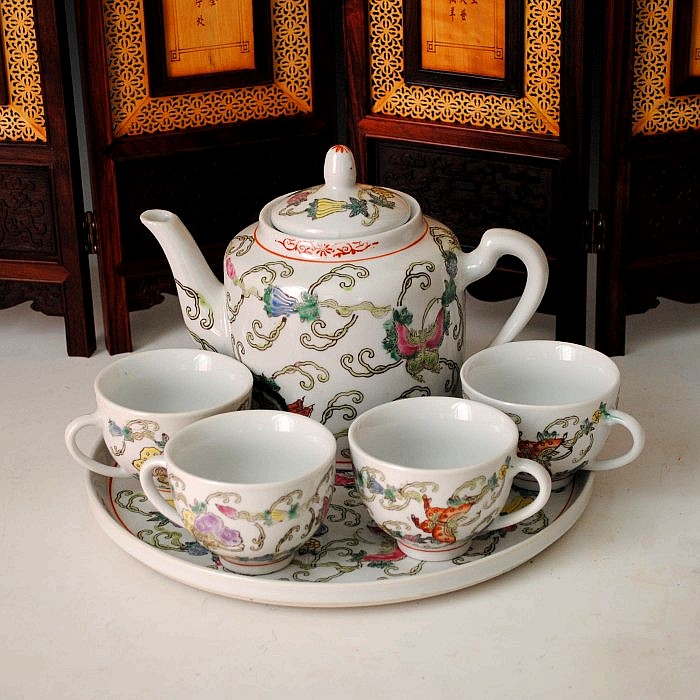 景德镇文革厂货瓷567陶瓷4人6头带茶盘整套功夫茶具中式复古粉彩