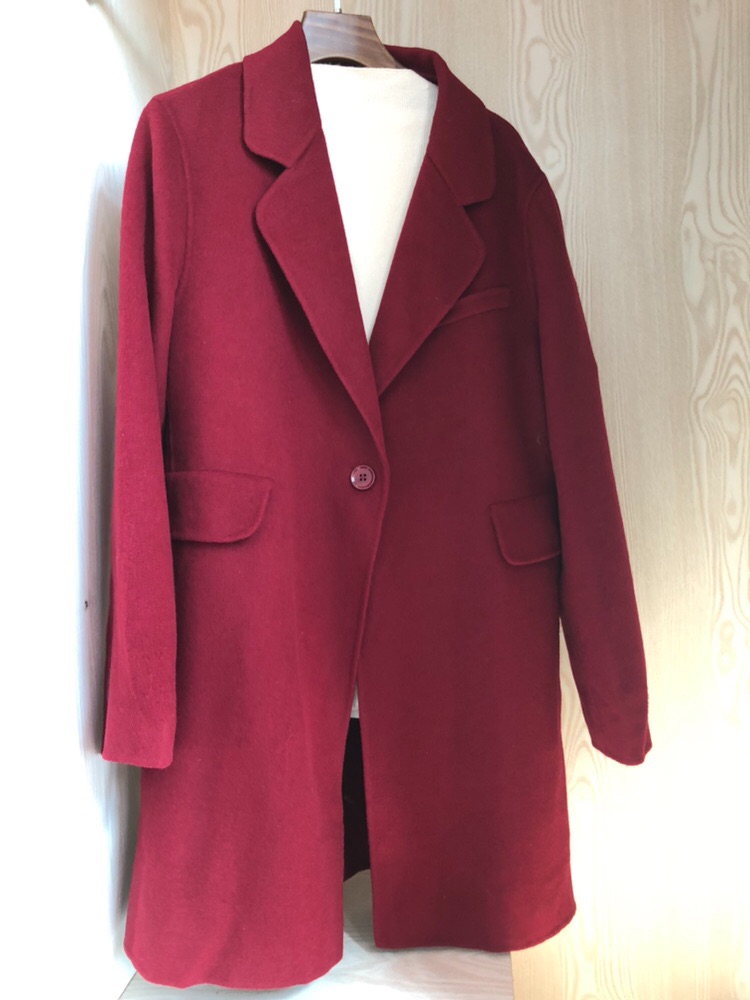 品牌3680元97%羊毛大衣短款双面毛呢外套秋冬酒红色西装外套女