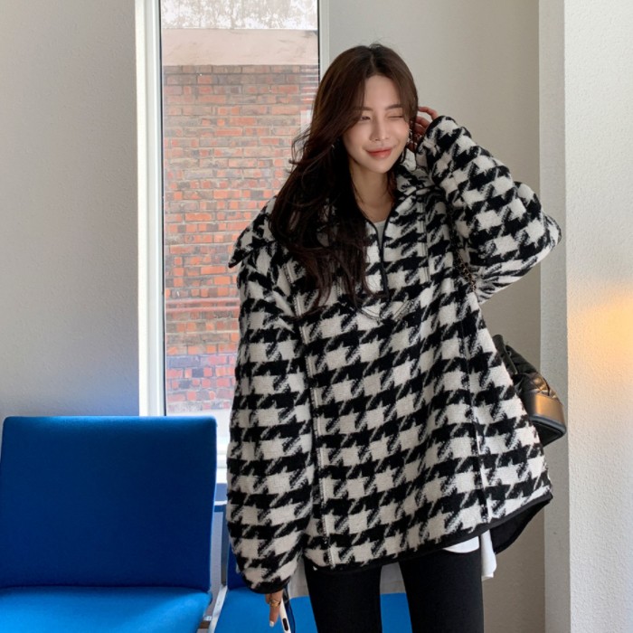 韩国女装2021/冬 时尚感 半开领拉链千鸟格羊毛保暖卫衣绒衫T-H48
