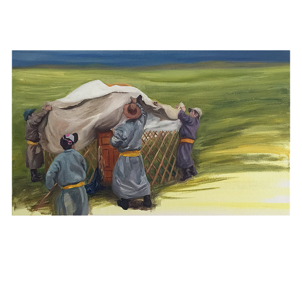 蒙古家园手绘原创小幅油画 蒙古包 温情现代草原人物原稿手工速写