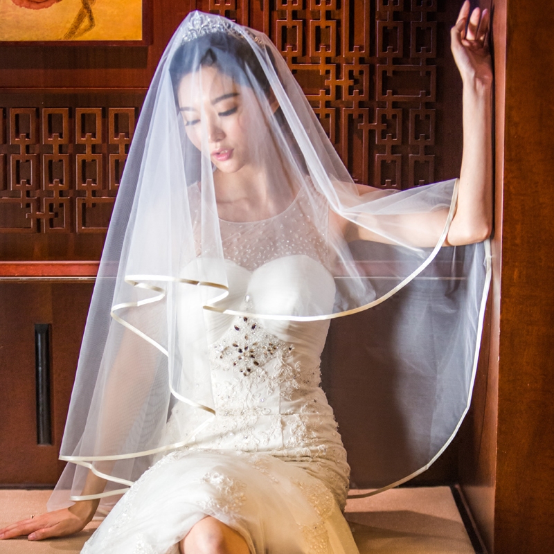 2020新款新娘头纱韩式纱缎带包边1.5米2/3m超长简约婚纱婚礼头饰