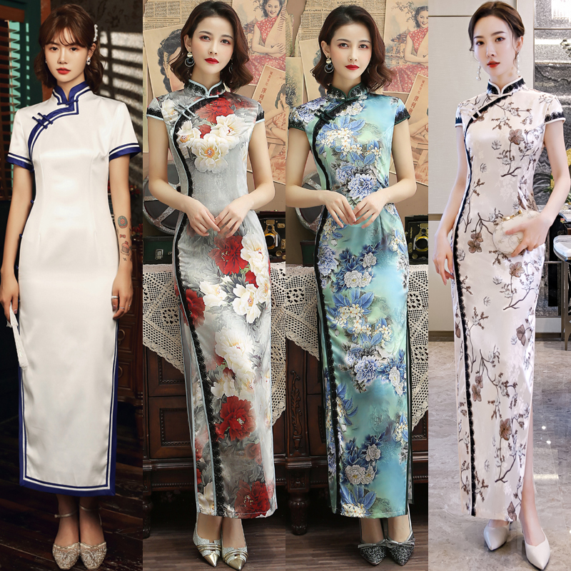 长款旗袍中国风改良老上海丝绸优雅日常走秀年轻款少女旗袍连衣裙