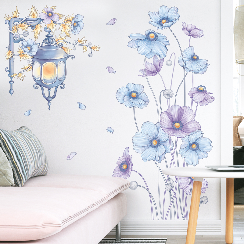 清新淡雅花朵植物墙贴纸紫色路灯房门贴防水自粘壁贴玄关卧室床头