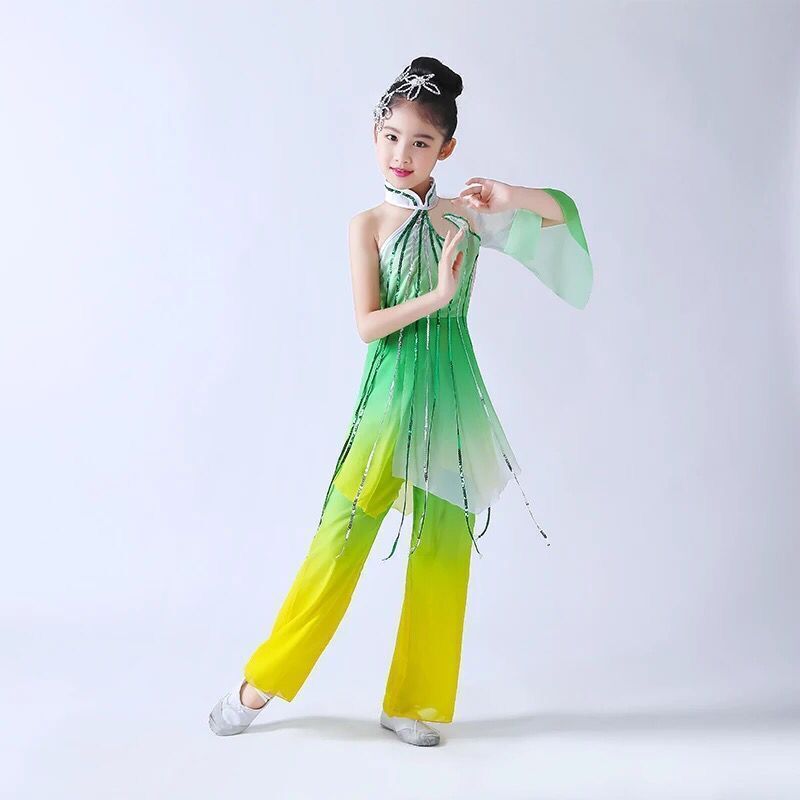 2020新款儿童古典舞伞舞舞蹈演出民族舞台服装女童表演飘逸雪纺女